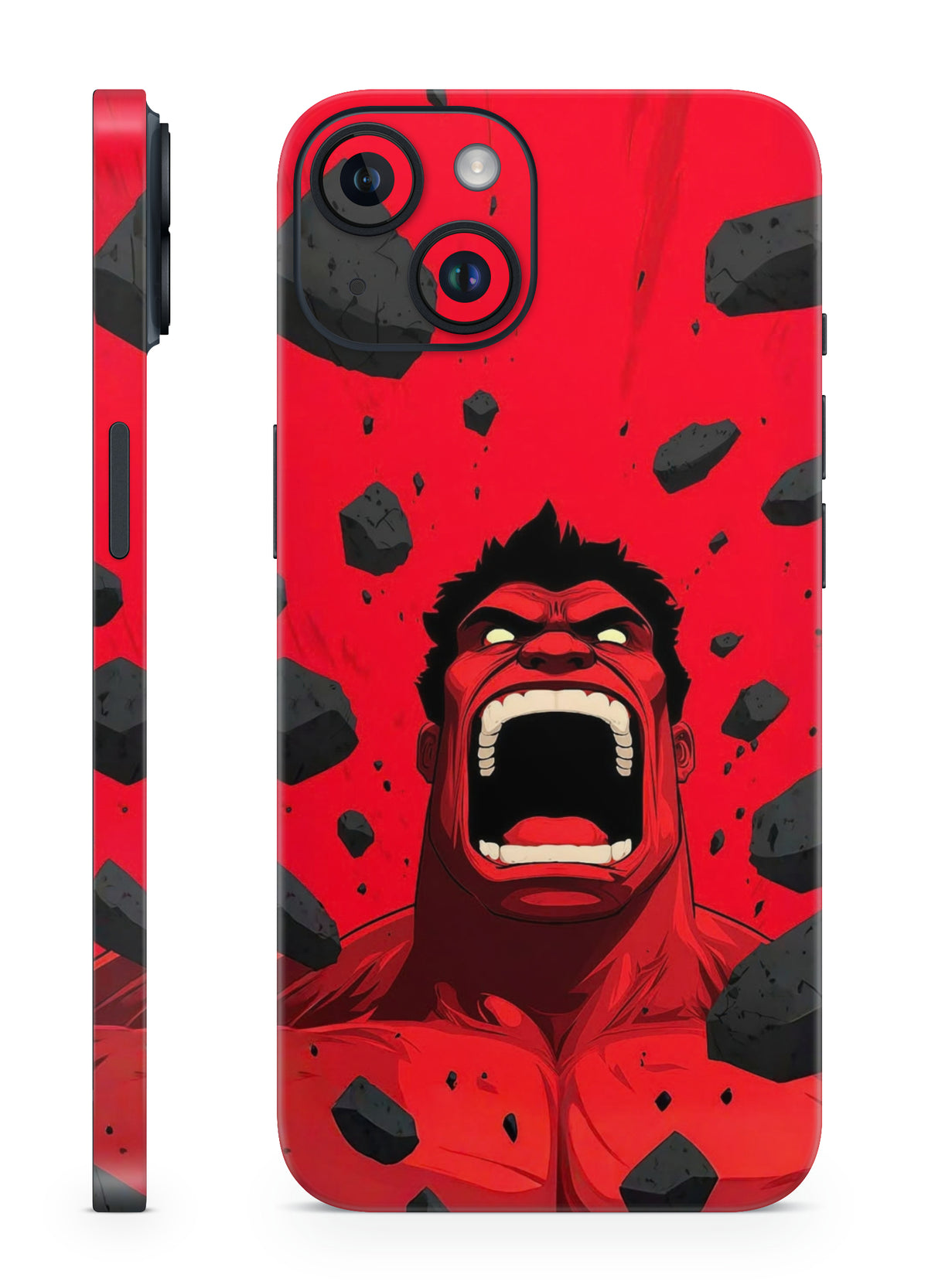 Red Hulk roaring with an intense red comic background on a mobile skin