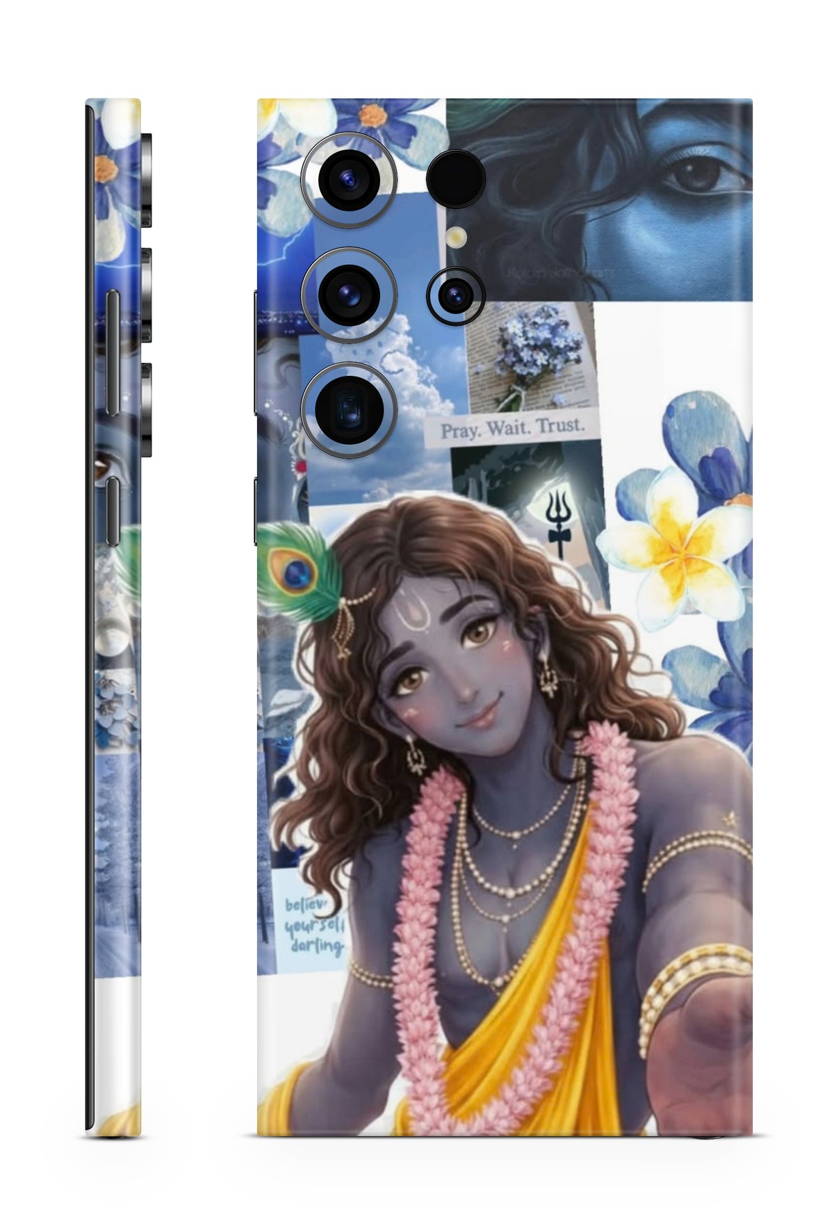 Shri Krishna peacock feather floral moodboard phone skin